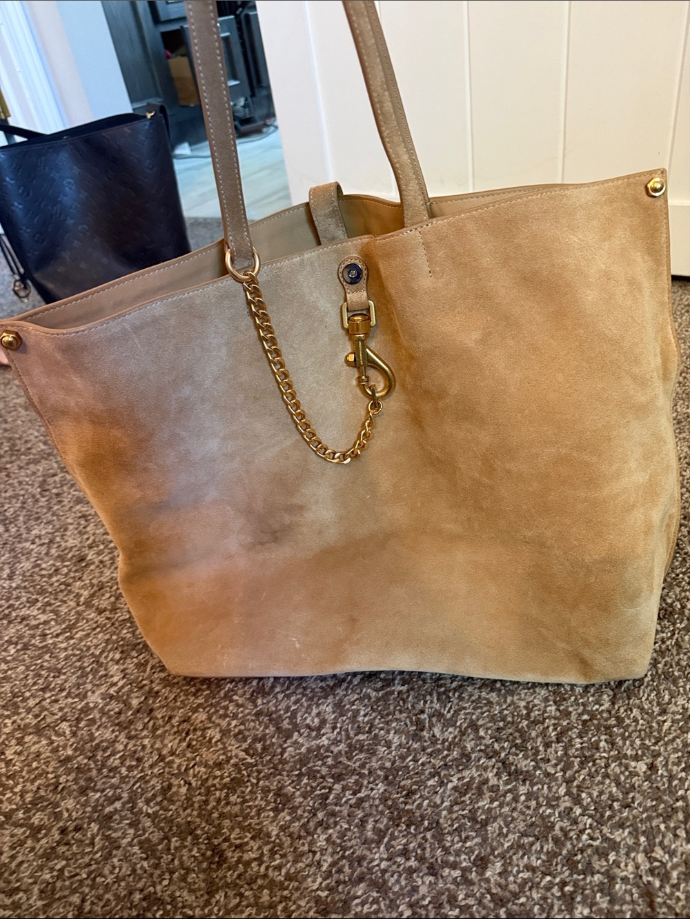 Rebecca Minkoff Suede Tote Bag with Chain Accent - Tan